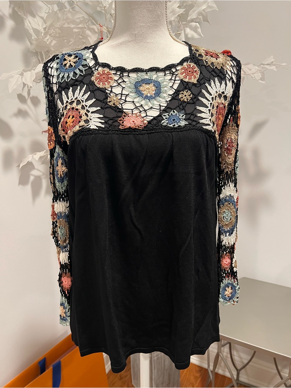 Joseph A Black Long-Sleeve Top with Multicolor Crochet Yoke